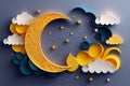 Ramadan Kareem paper cut composition with gold crescent moon, stars and clouds. AI generative Royalty Free Stock Photo