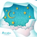 Ramadan Kareem. Paper cut Desert Cave Landscape. Clouds. Hanging Gold stars. Crescent Moon. Night sky. Holy month of