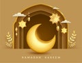 Ramadan Kareem paper graphic of islamic festival design with crescent moon, mosque window and islamic decorations Royalty Free Stock Photo