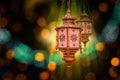 Ramadan kareem poster, celebration lamp lantern. Arabic islam culture festival decoration religious background Royalty Free Stock Photo