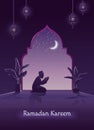 Ramadan Kareem pray. Eid Mubarak, Muslim Islam prayer, man in night, iftar fasting at home, window arch and traditional