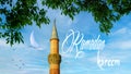 Ramadan Kareem or Ramazan mubarak . Georgian Gate Mosque and crescent moon blue sky . Ramadan Kareem text in the image