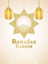 Ramadan kareem realistic design with elegant golden lantern and mosque on white background