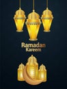 Ramadan kareem realistic vector illustration with golden lantern