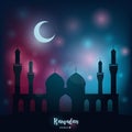 Ramadan kareem. Religious night, mosque under the light of the month and stars.