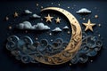 Ramadan Kareem\'s background with a crescent moon, stars, and clouds. Generative AI Royalty Free Stock Photo