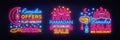 Ramadan Kareem sale offer neon banners collection. Ramadan Holiday discounts vector illustration design template in