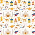 Ramadan kareem seamless pattern with arabic design elements camel, quran, lanterns, rosary, food, mosque. Vector