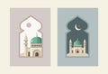 Ramadan Kareem set of posters, cards, holiday covers. Modern beautiful flat design, pastel colors. Mosque, minaret. Moon