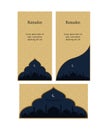 Ramadan Kareem set of posters or invitations design with crescent and mosque dome silhouette and ornate element on gold background