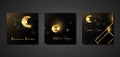 Ramadan Kareem set of square posters or invitations design with gold islamic symbol, golden crescent moon on black modern cards Royalty Free Stock Photo