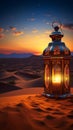 Ramadan Kareem setting Lantern in the desert with sunset backdrop Royalty Free Stock Photo