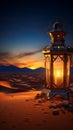 Ramadan Kareem setting Lantern in the desert with sunset backdrop Royalty Free Stock Photo