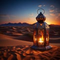 Ramadan Kareem setting Lantern in the desert with sunset backdrop Royalty Free Stock Photo