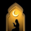 Ramadan Kareem, silhouette of a praying person. Paper style. Orange and gold shades.