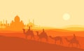 Ramadan kareem sunset illustration. A man ride camel silhouette with sunset mosque Royalty Free Stock Photo