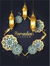 Ramadan Kareem text or Calligraphy. Black and golden template with lantern hanging. Islamic elegant background. vector