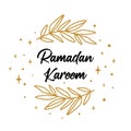 Ramadan Kareem text into stras and branch graphic element. Isolated islamic logo. Celestial symbol for Ramadan. Gold