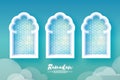 Ramadan Kareem. Three 3 Origami Mosque Window. Holy month. Paper cut Cloud. Space for text Royalty Free Stock Photo