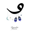 Ramadan Kareem vav letter. Hanging lamp, crescents and stars