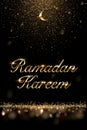 Ramadan Kareem vector background. Golden moon and text with sparkling golden glitter on dark background.