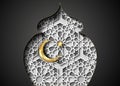 Ramadan Kareem 2021 vector greeting card. Gold half moon and star on Islamic geometric pattern background. Golden holiday poster Royalty Free Stock Photo