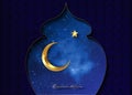 Ramadan Kareem 2023 vector greeting card. Gold half moon on starry blue background. holiday poster, islamic window symbol