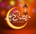 Ramadan kareem vector greeting design with crescent moon, ramadan arabic calligraphy