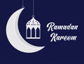 Ramadan kareem vector greetings background design with lantern or fanoos hanging and golden crescent moon. Vector. Royalty Free Stock Photo