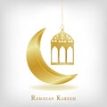 Ramadan kareem vector greetings background design with lantern or fanoos hanging and golden crescent moon. Vector. Royalty Free Stock Photo