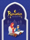 Ramadan kareem greetings card with praying woman and her son after read the holy Quran Royalty Free Stock Photo