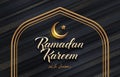 Ramadan Kareem vector illustration. Ramadan greeting card with golden crescent and arabic arch on a abstract black background.