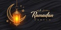 Ramadan Kareem vector illustration. Ramadan greeting card with golden islamic lantern and crescent on black fluid waves background