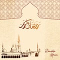Ramadan Kareem vector, mosque hand drawn and arabic calligraphy. Festival celebration card design. Vintage sketch drawing