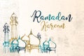 Ramadan kareem vintage hand drawn sketch retro design with arabian middle east theme