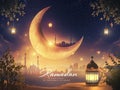 Ramadan Kareem Wallpaper With Golden Moon Background and Elegant traditional Arabic lanterns Royalty Free Stock Photo