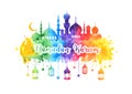 Ramadan Kareem watercolor background, greeting card with mosque, arabic lamps, stars and crescent. Banner for the