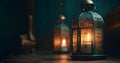 Ramadan lamps lit up against background of AI-generated illuminated decorative