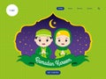 Ramadan landing page in cute cartoon muslim saying ramadan kareem