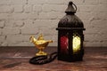 Ramadan Lantern Arabic decoration on wooden background