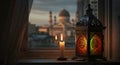 Ramadan Lantern and Candlelight with Mosque View at Dusk Royalty Free Stock Photo