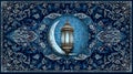 Ramadan Lantern and Crescent Moon on Intricate Blue Pattern Royalty Free Stock Photo