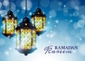 Ramadan Lantern or Fanous with Ramadan Kareem Greetings in a blurry blue Background. 3D Realistic Vector Illustration.