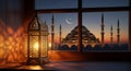 Ramadan lantern glows by window overlooking mosque at dusk Royalty Free Stock Photo