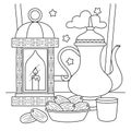 Ramadan Lantern, Tea and Dates Coloring Page