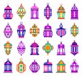 Ramadan lantern. Traditional Arabian Islamic colorful cartoon different fanous. Traditional religious holiday