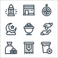 Ramadan line icons. linear set. quality vector line set such as fasting, carpet, zakat, alms, dates, half moon, qibla, kaaba