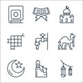 ramadan line icons. linear set. quality vector line set such as light, pulpit, crescent moon, camel, ablution, rosary, mosque,