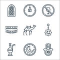 Ramadan line icons. linear set. quality vector line set such as hamsa, clock, teapot, amulet, camel, flags, no drinking, kaaba