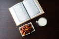 Ramadan moments dates and milk and coran iftar time Royalty Free Stock Photo